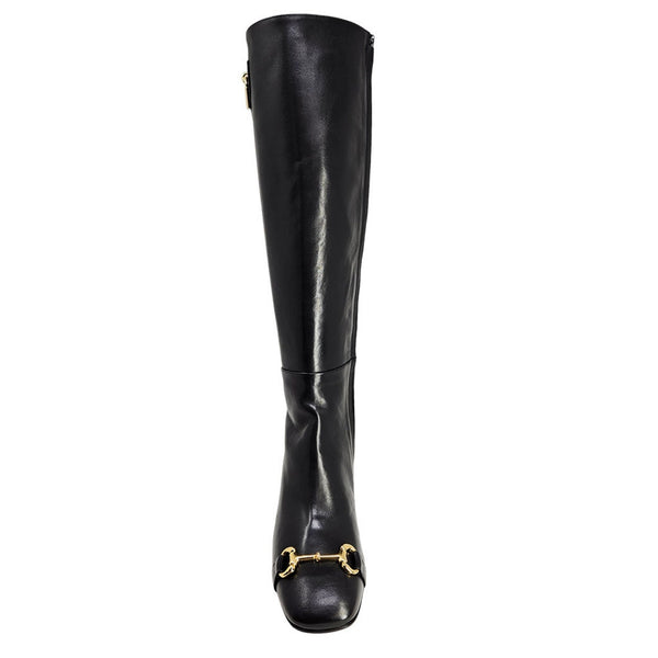 Black tall lock boot with gold buckle hardware and rounded toe