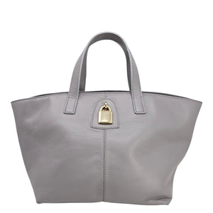 Light grey leather lock tote bag with gold lock clasp and top handles