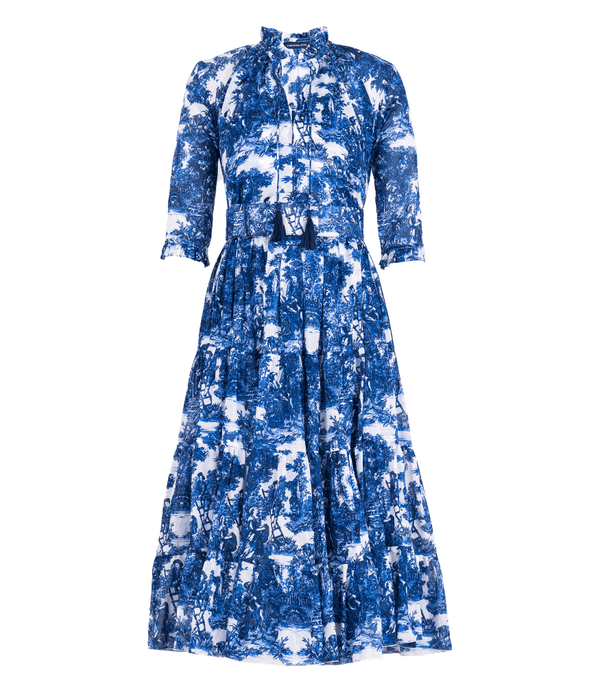 Blue and white printed midi dress with buttoned bodice and gathered waist tiers
