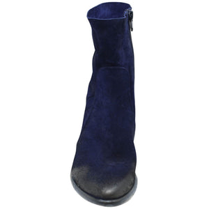 Navy suede ankle boot with short shaft and stacked block heel