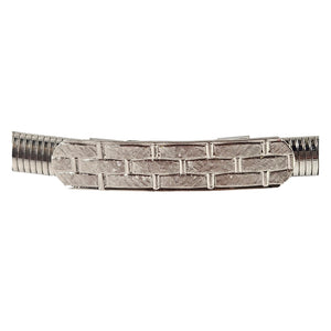Silver stretch belt with woven square-plate center panel and etched buckle