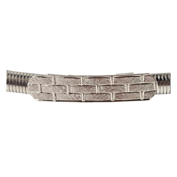 Silver stretch belt with woven square-plate center panel and etched buckle