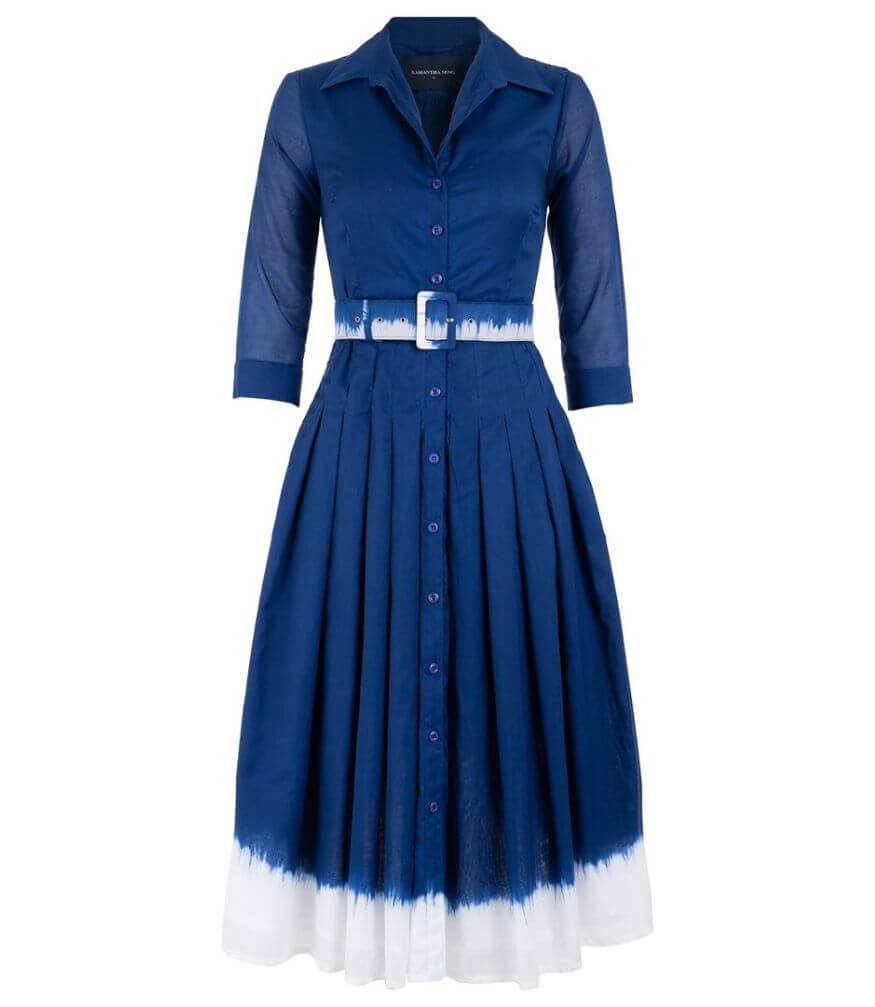 Admiral blue long shirt dress with buttons, belted waist, white tie-dye hem border