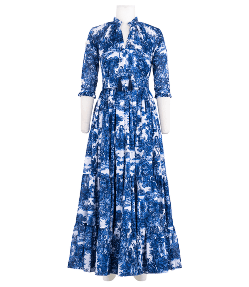 Blue and white printed midi dress with 3/4 sleeves and flowing tiered skirt