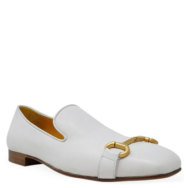 White leather square-toe loafer, angled view, gold bit accent, low block heel