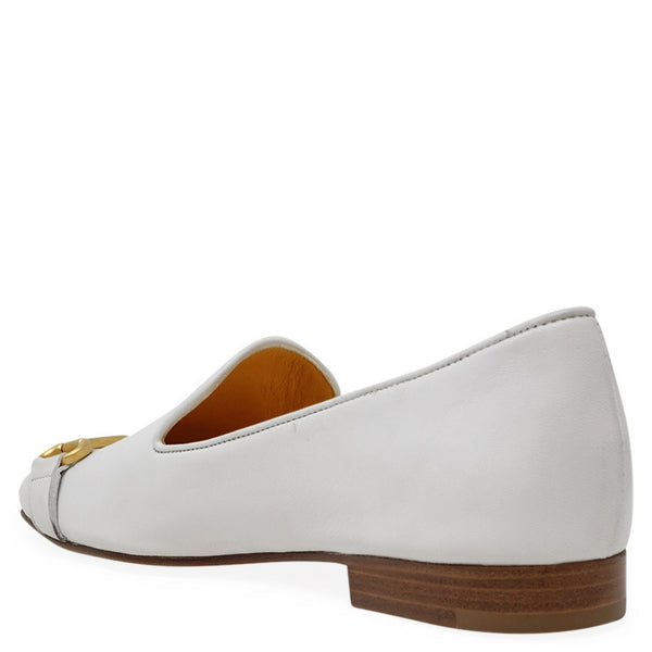 White leather square-toe loafer, rear side view, gold bit detail, brown heel