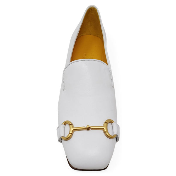White leather square-toe loafer, front view, gold bit detail, moc-toe stitching
