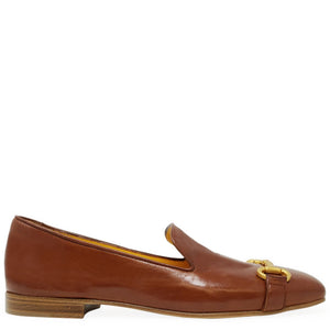 Cognac leather square-toe loafer with saddle strap and gold hardware