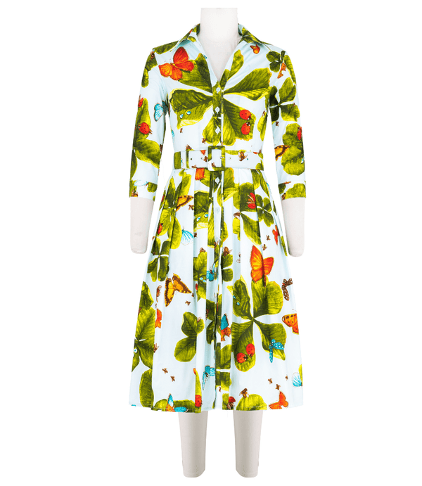 Regular dress with white leaf-and-butterfly print, front with collar and buttons