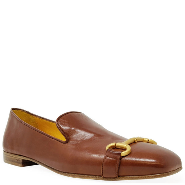 Cognac leather square-toe loafer, side view, gold bar-bit detail