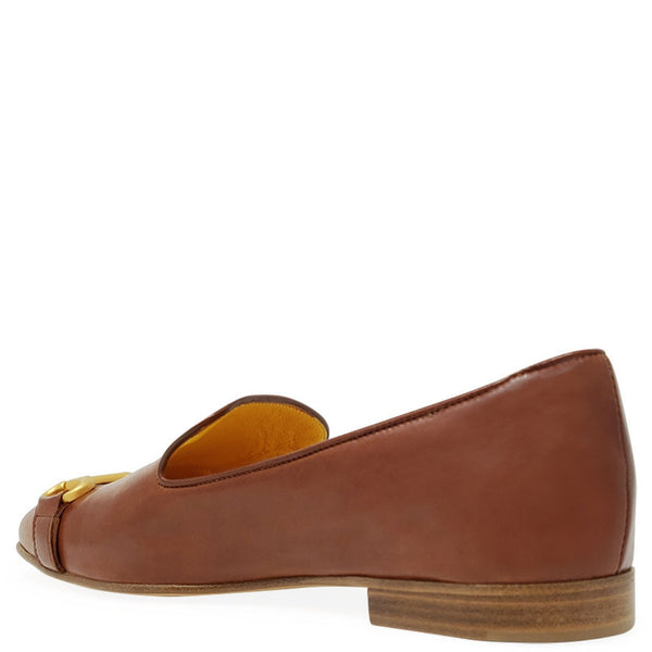 Cognac leather square-toe loafer with gold hardware and yellow interior lining