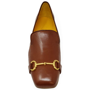 Cognac leather square-toe loafer, front view, gold bar-bit ornament
