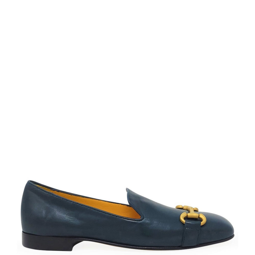 Teal leather square-toe loafer with gold-tone horsebit detail and low block heel