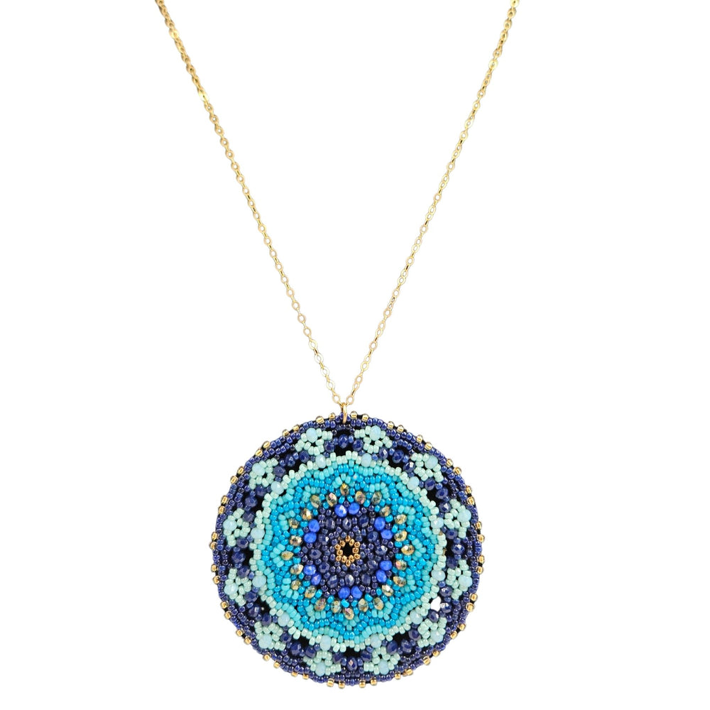 Gold-tone chain with round blue multicolor beaded mandala pendant
