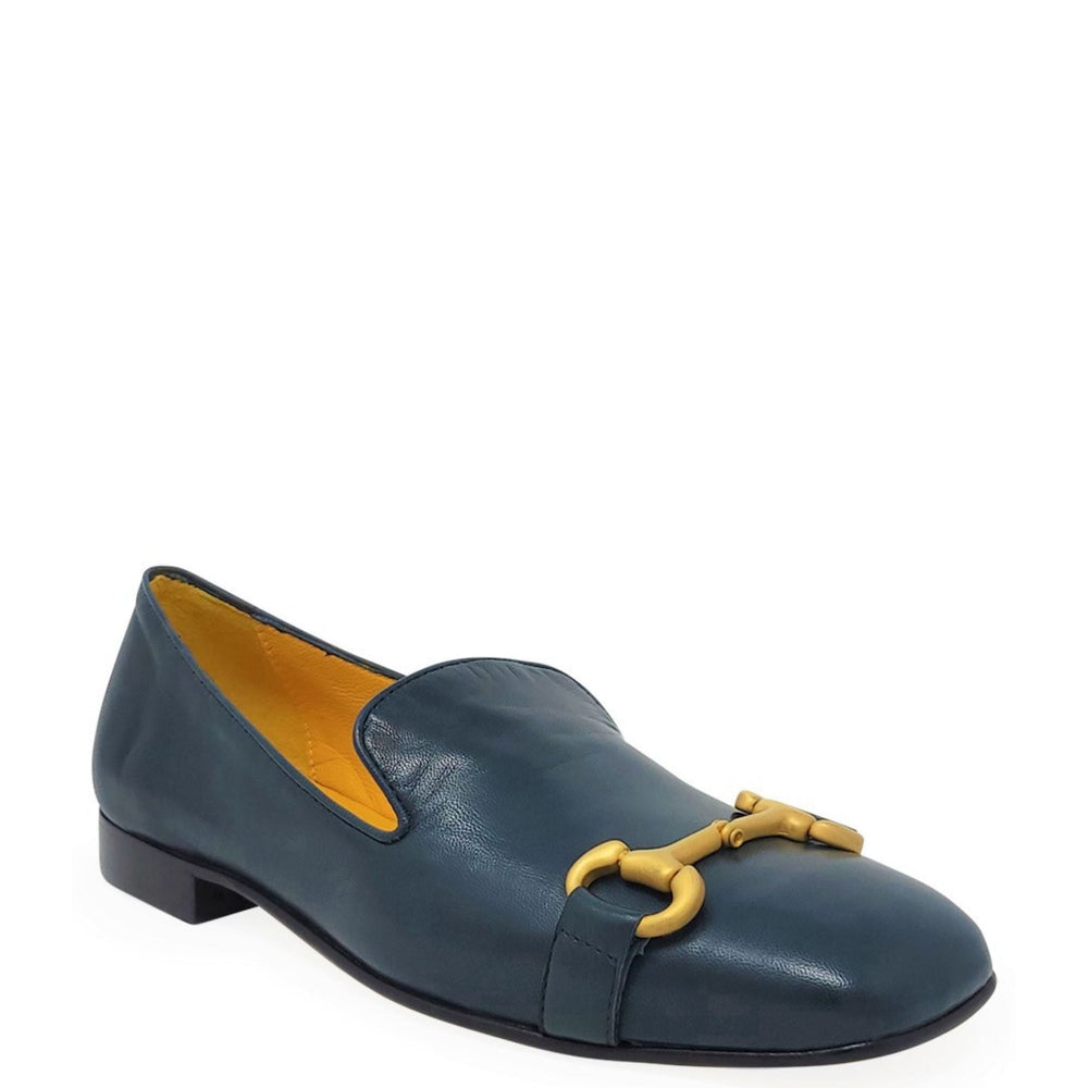 Teal leather square-toe loafer with gold-tone horsebit detail and low block heel