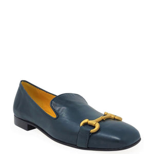 Teal leather square-toe loafer, slip-on style, gold-tone horsebit at vamp