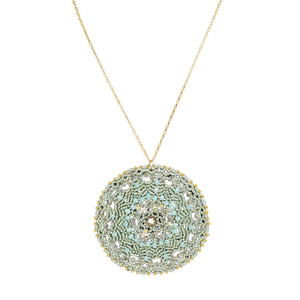 Gold-tone chain necklace with round pale aqua beaded pendant