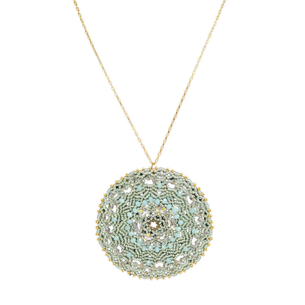 Gold-tone chain necklace with round pale aqua beaded pendant