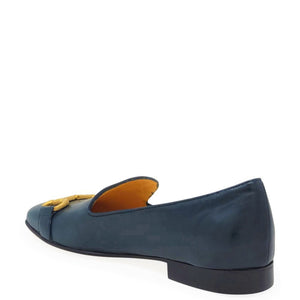 Teal leather loafer with square toe and gold-tone horsebit detail, low heel