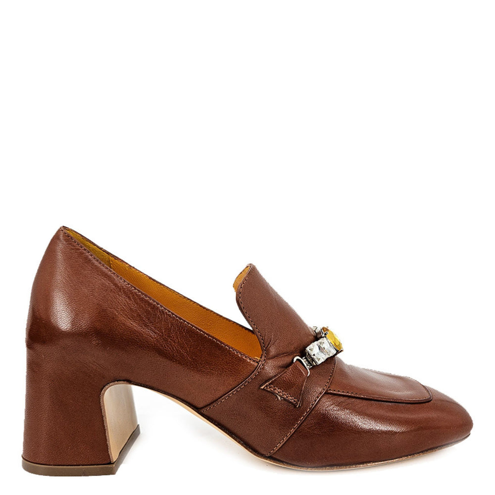 Cognac leather mid-heel loafer with jeweled buckle detail