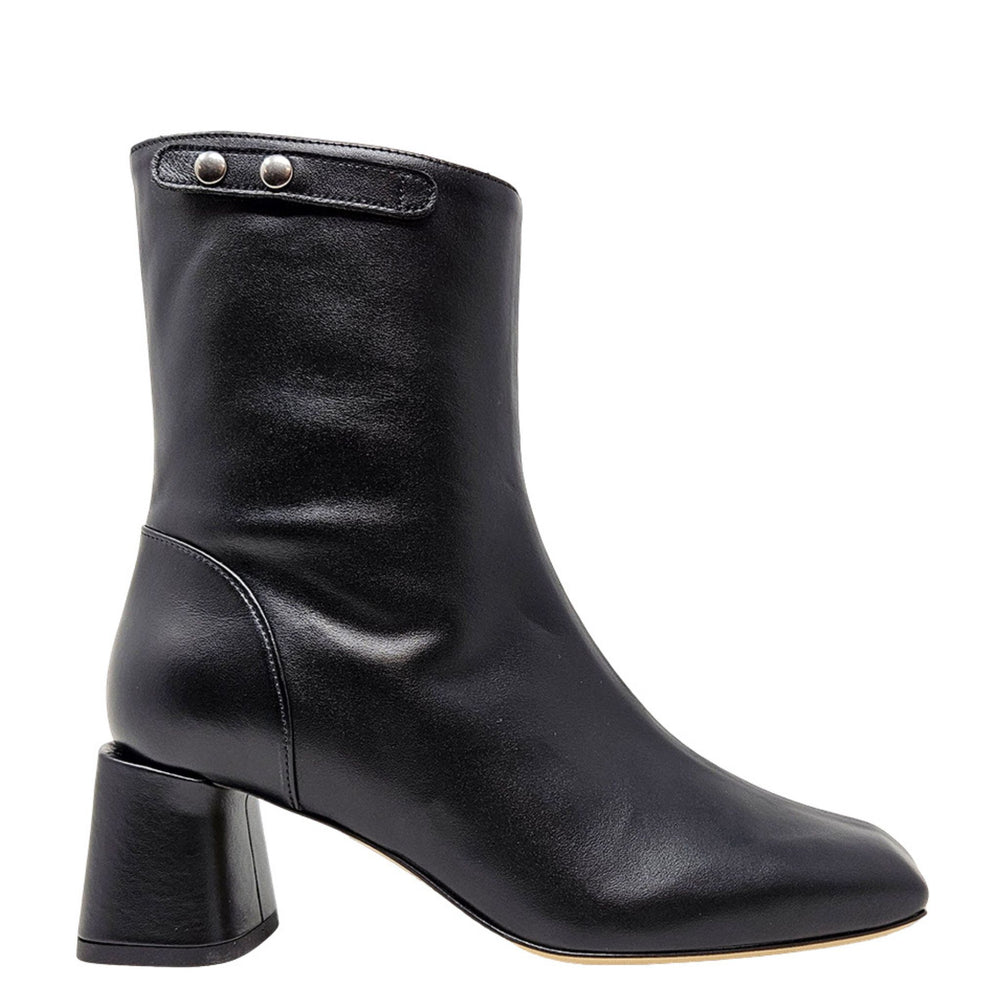 Black leather ankle boot with chunky heel and side buttons