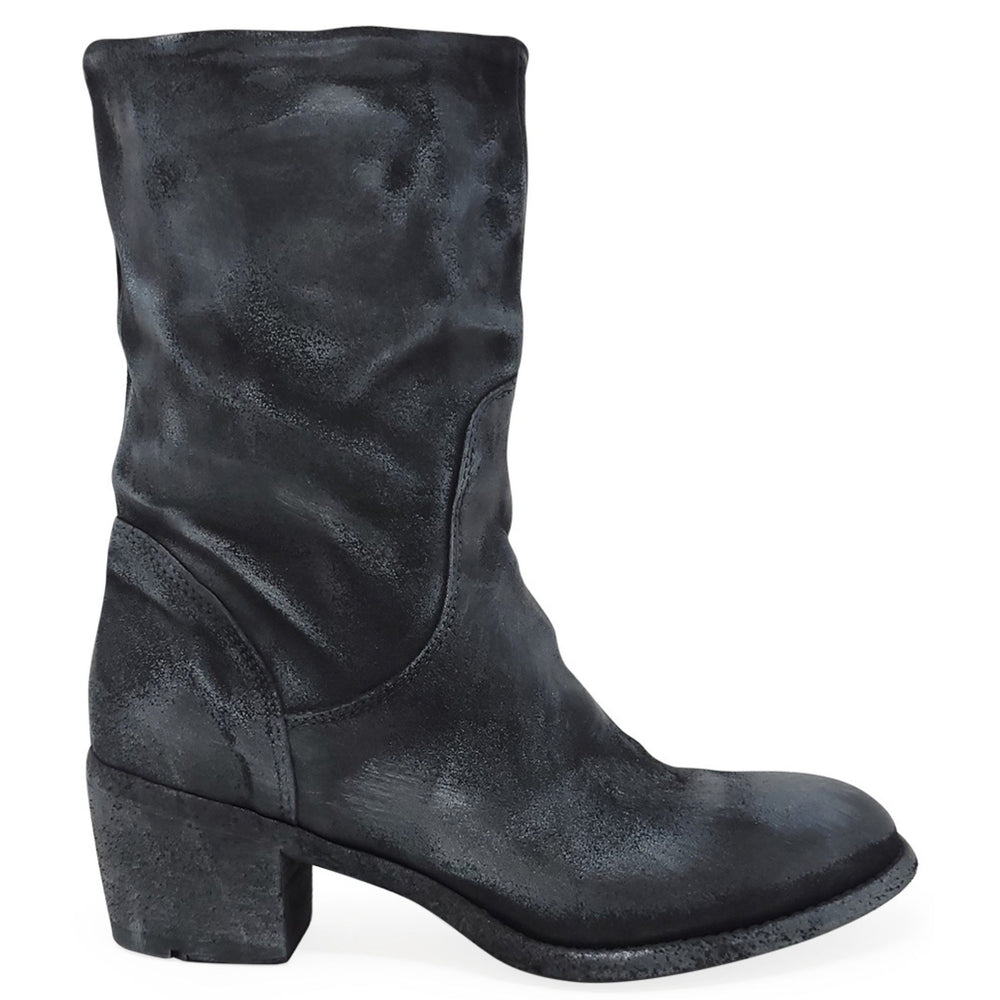 Mid-calf suede boot with block heel and stitched panel, dark metallic finish
