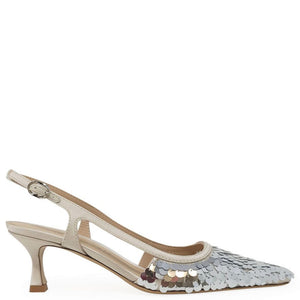 Silver sequined slingback snip-toe heel with thin ankle strap