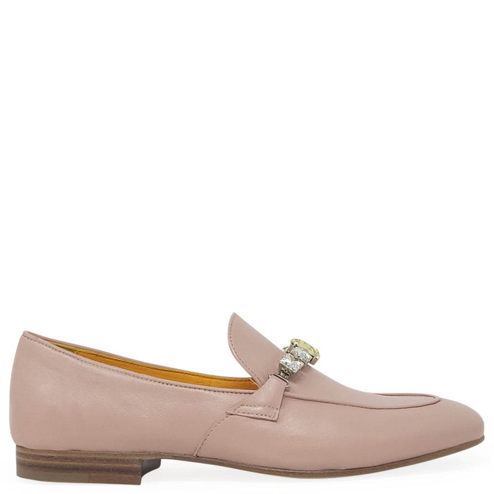 Light pink leather flat loafer with rhinestone jeweled strap across the vamp