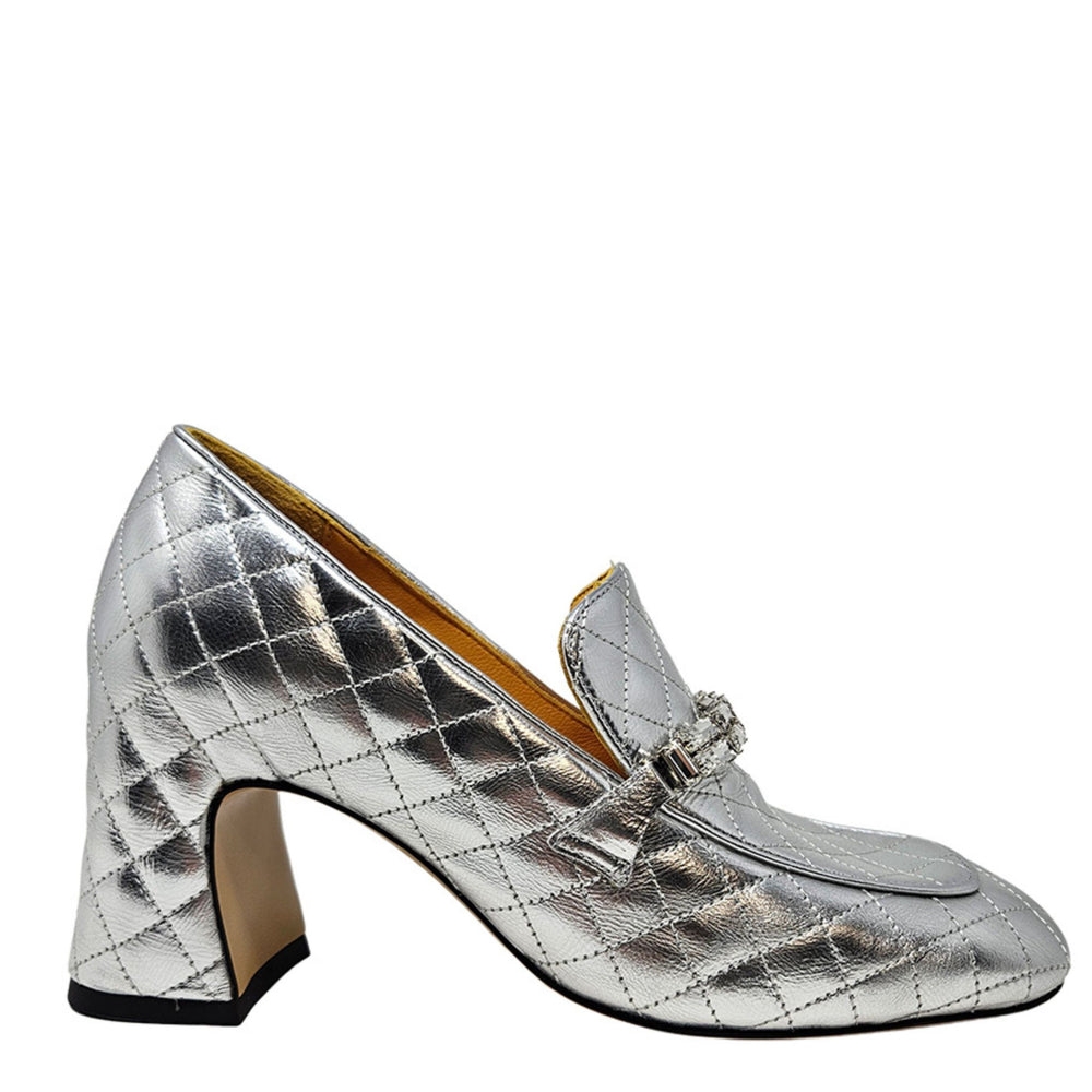 Silver quilted leather loafer with block heel and metal strap detail