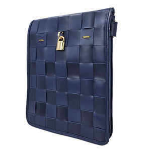Navy woven leather crossbody bag, side view with gold lock and flap