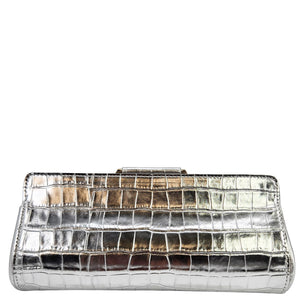 Silver croc-embossed leather moc clutch with gold chain top handle