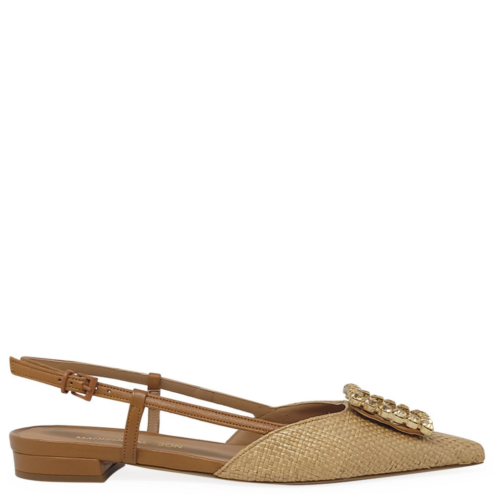 Beige woven slingback flat with ankle strap, low block heel, and gold jeweled detail