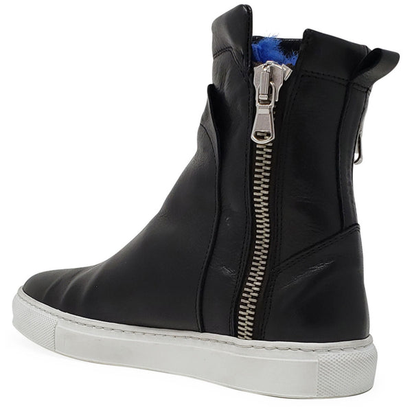 Black leather ankle boot with side zipper and blue shearling cuff with white outsole