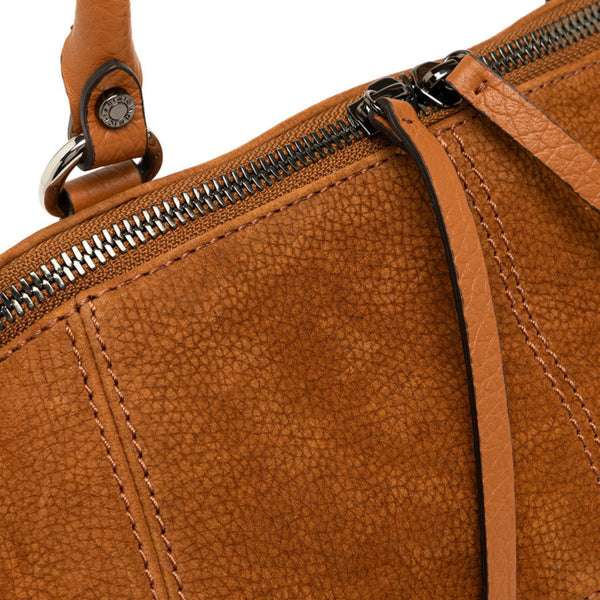 Brown leather handbag interior lining with zip track and stitched seams