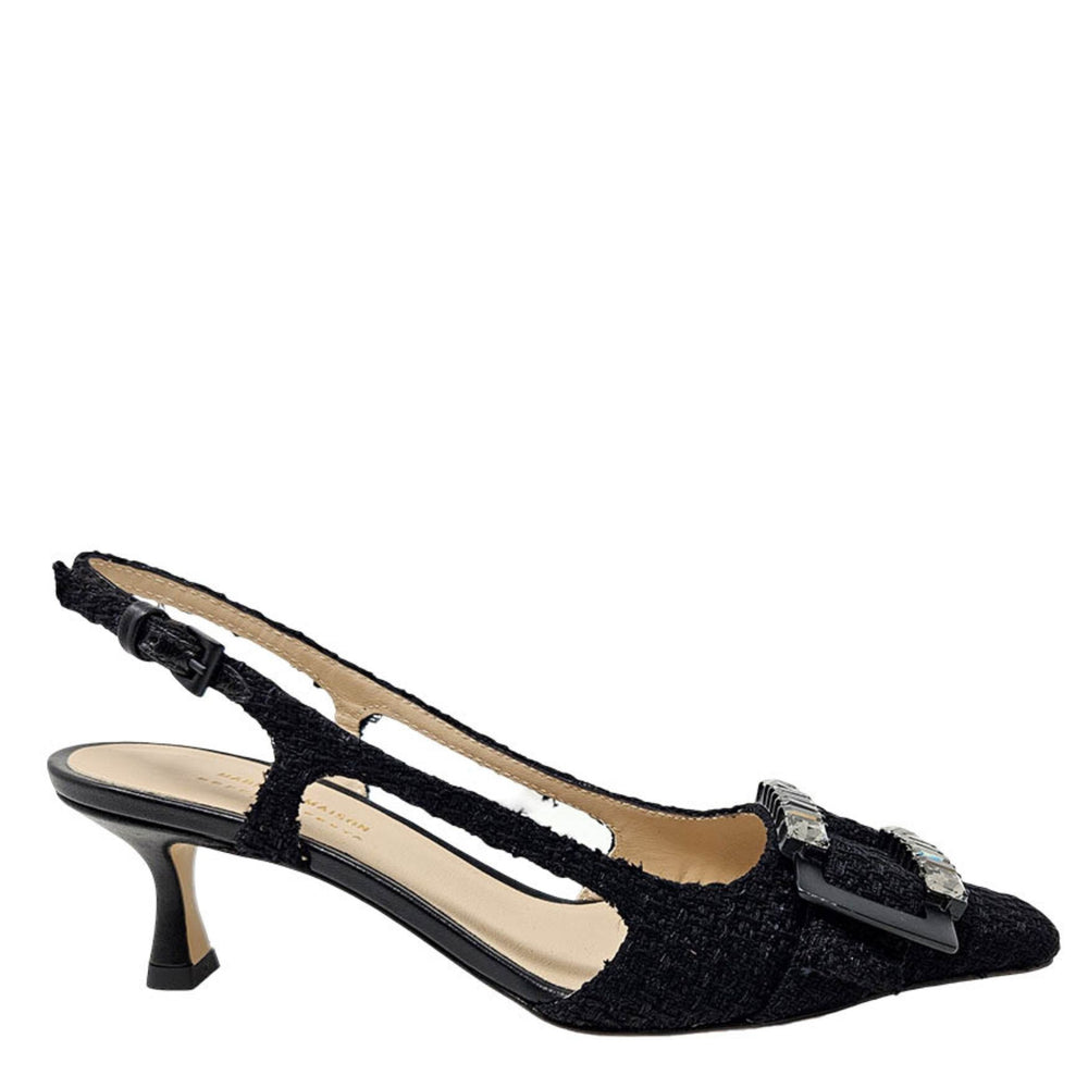 Black slingback high-heel pump with textured fabric and pointed toe, side view