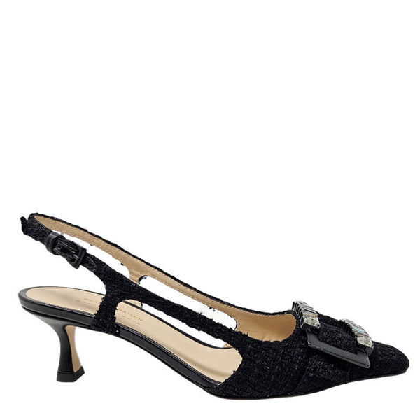 Black slingback high-heel pump with textured fabric and pointed toe, side view