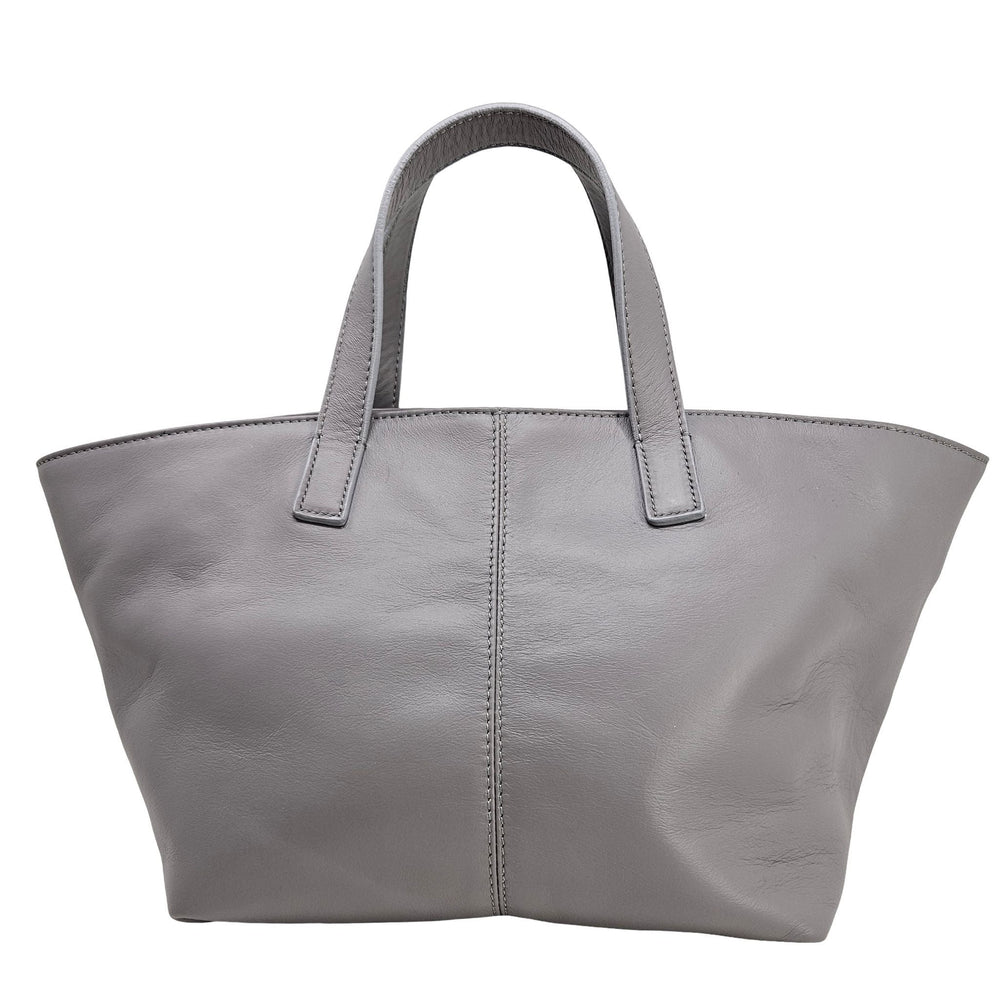 Light grey leather lock tote bag with gold lock clasp and top handles