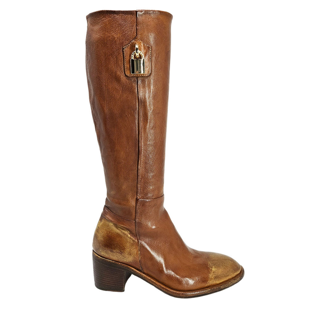 Cognac tall leather lock boot with gold-tone buckle detail and low block heel
