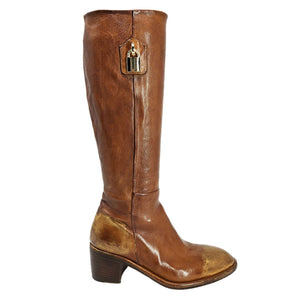 Cognac tall leather lock boot with gold-tone buckle detail and low block heel