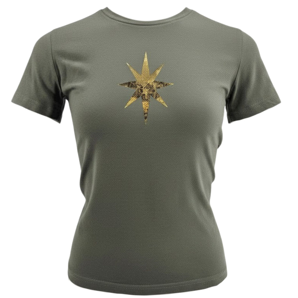 Khaki T-shirt with gold starburst front graphic