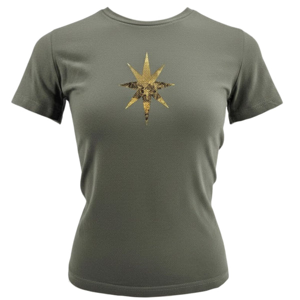 Khaki T-shirt with gold starburst front graphic