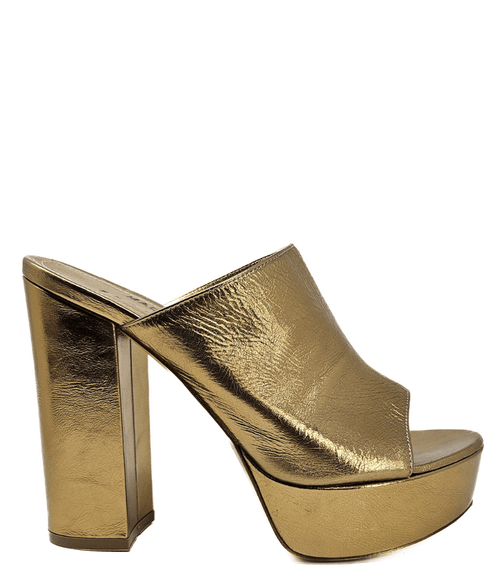 Gold open-toe platform sandal with wide block heel and metallic finish