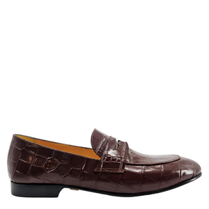 Chocolate-brown croc-embossed leather flat loafer with moc toe and strap detail