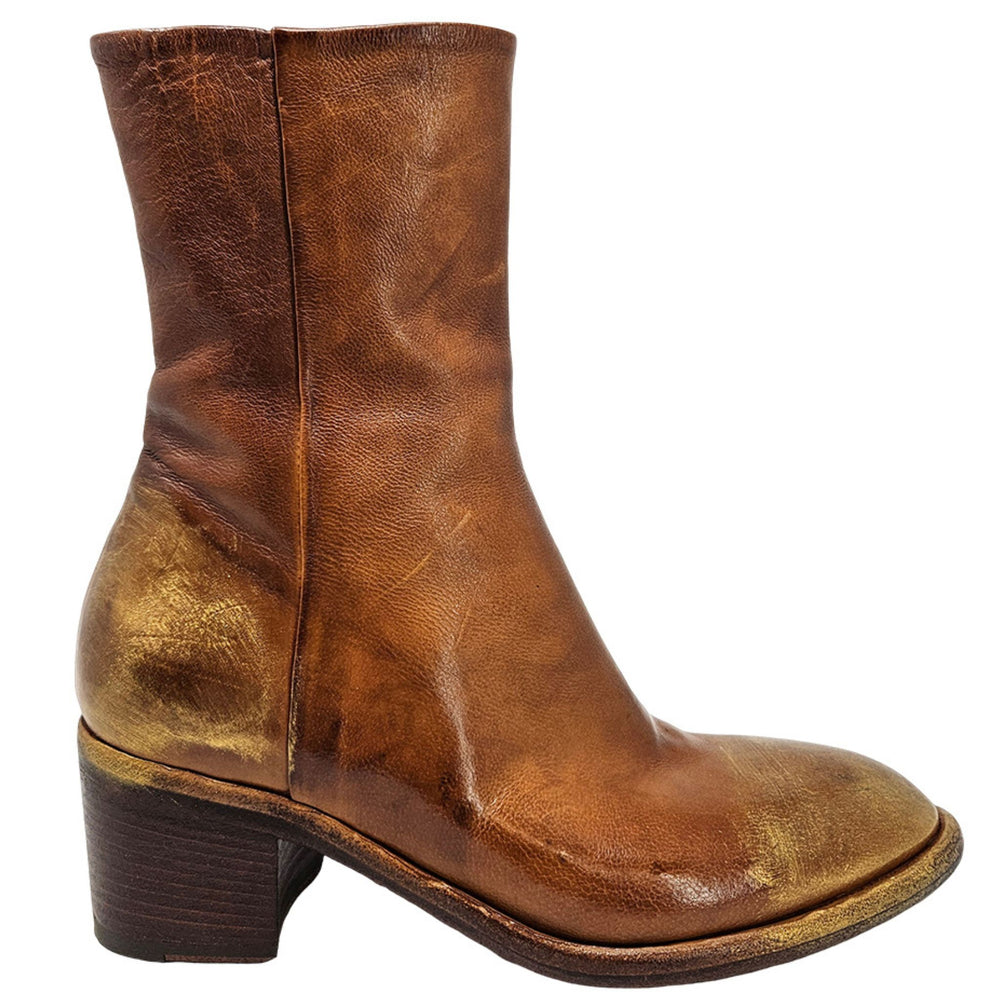 Cognac hand-rubbed ankle boot with stacked block heel, almond toe, pull-on shaft