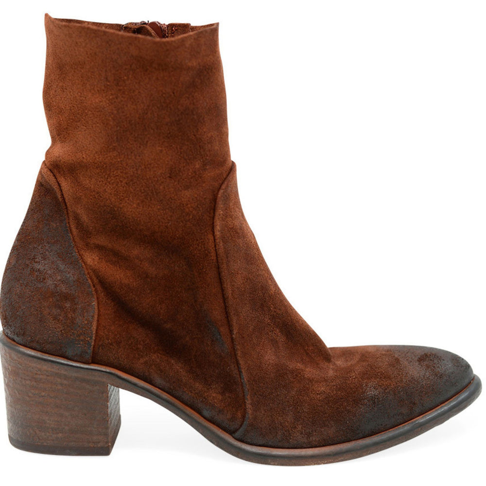 Tan suede ankle boot with block heel and almond toe