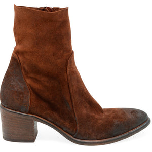 Tan suede ankle boot with block heel and almond toe