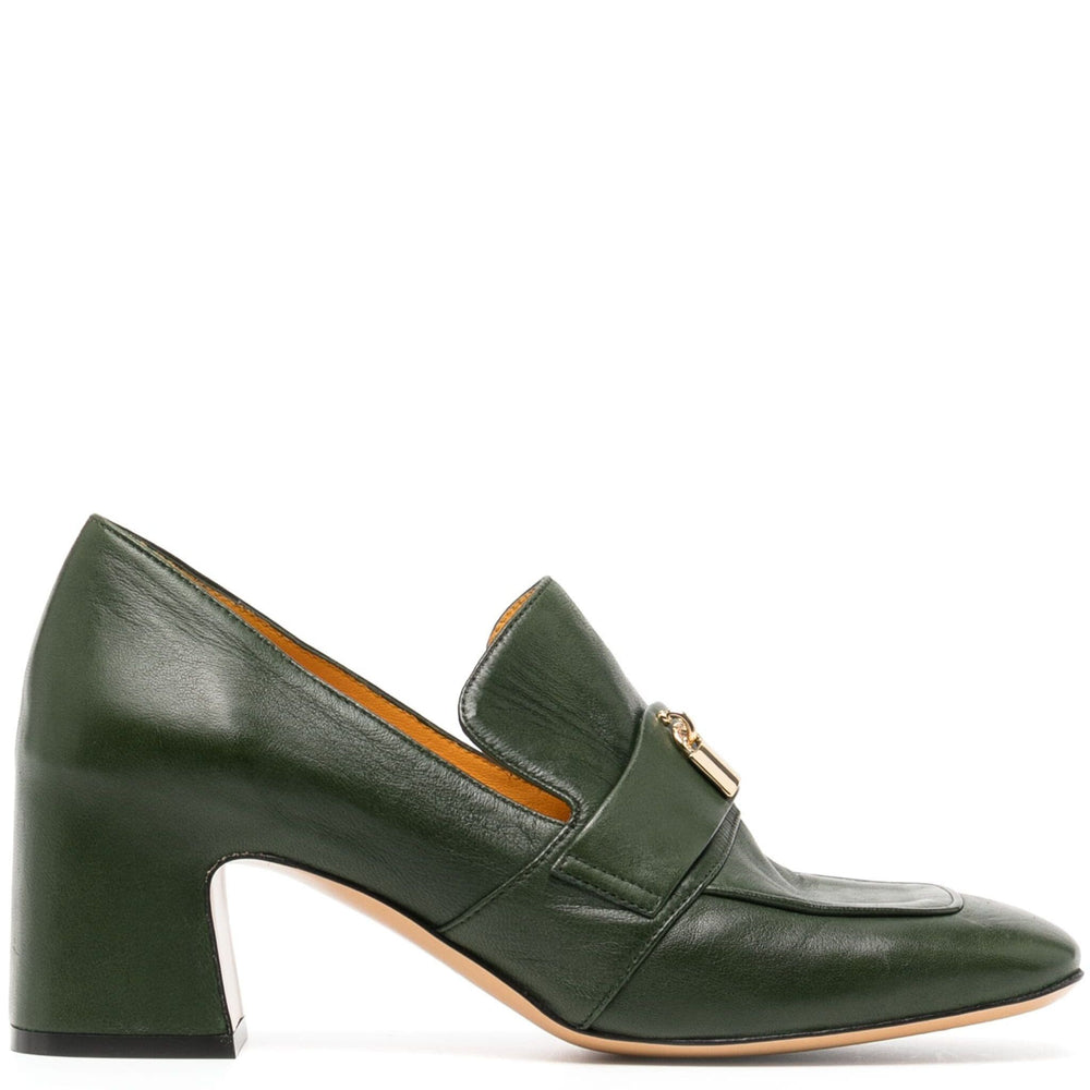 Dark green leather loafer with gold lock strap and low block heel