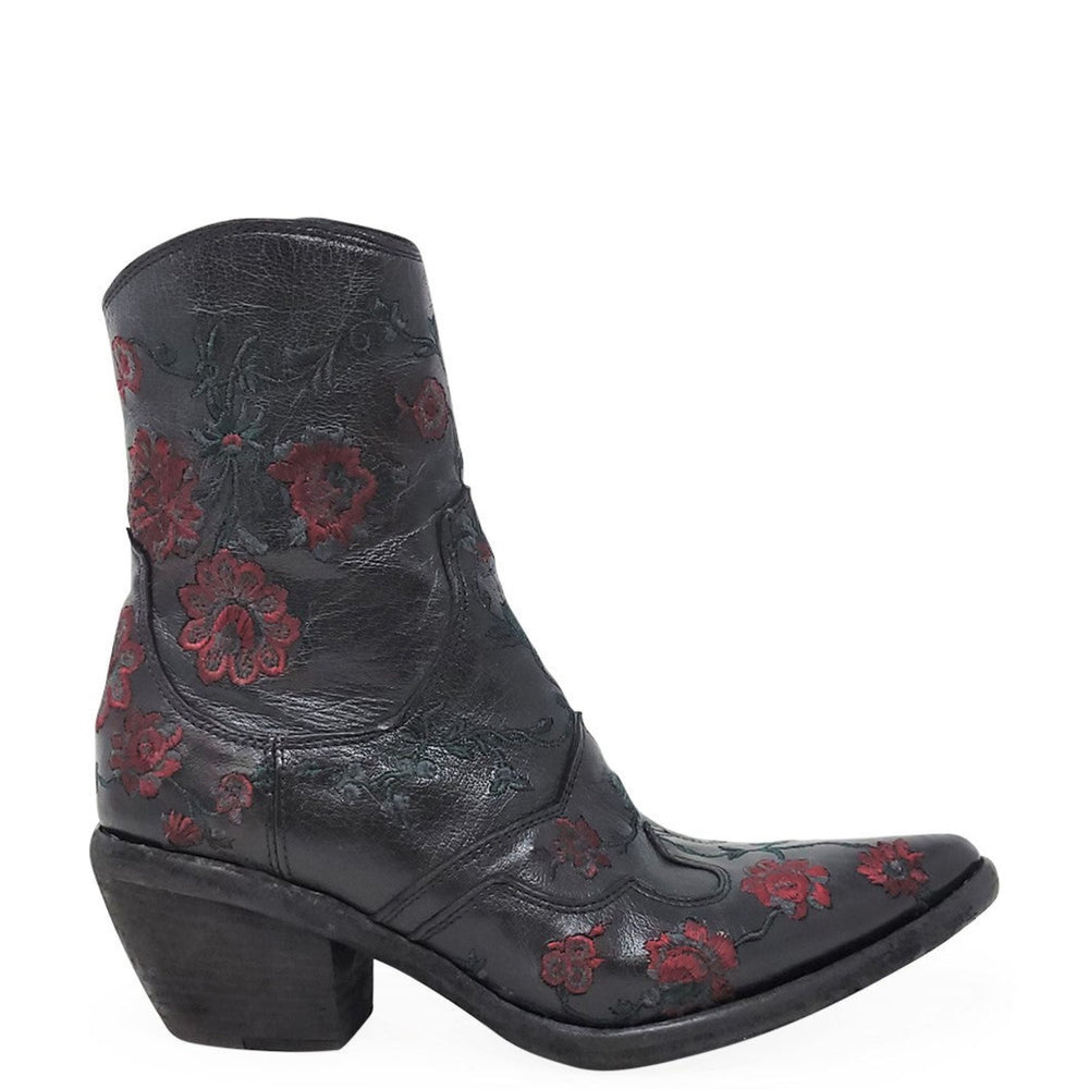 Black ankle boot with red floral embroidery and stacked block heel