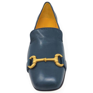 Teal leather square-toe loafer with gold-tone horsebit detail and warm tan interior