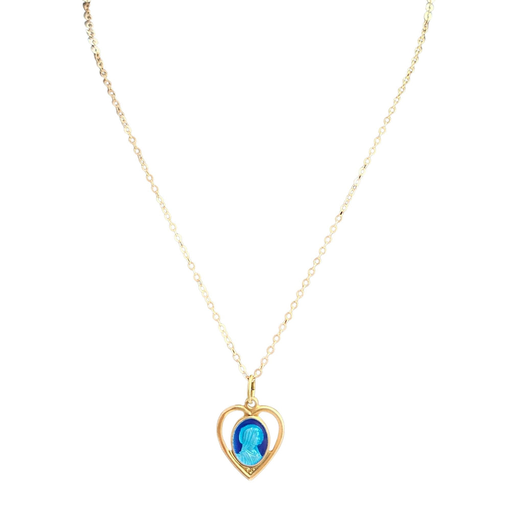 Heart pendant necklace with Virgin Mary cameo in blue enamel, gold-tone chain